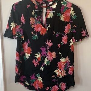 Anthropologie Maeve Women’s Large Black Floral S/S V Neck Keyhole Back Top